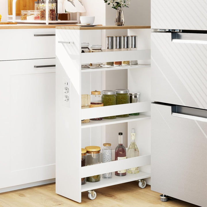 COSTWAY Nischenwagen 20cm breit, 4 Etagen Küchenwagen schmal mit Ladestation, Nischenregal auf Rolle