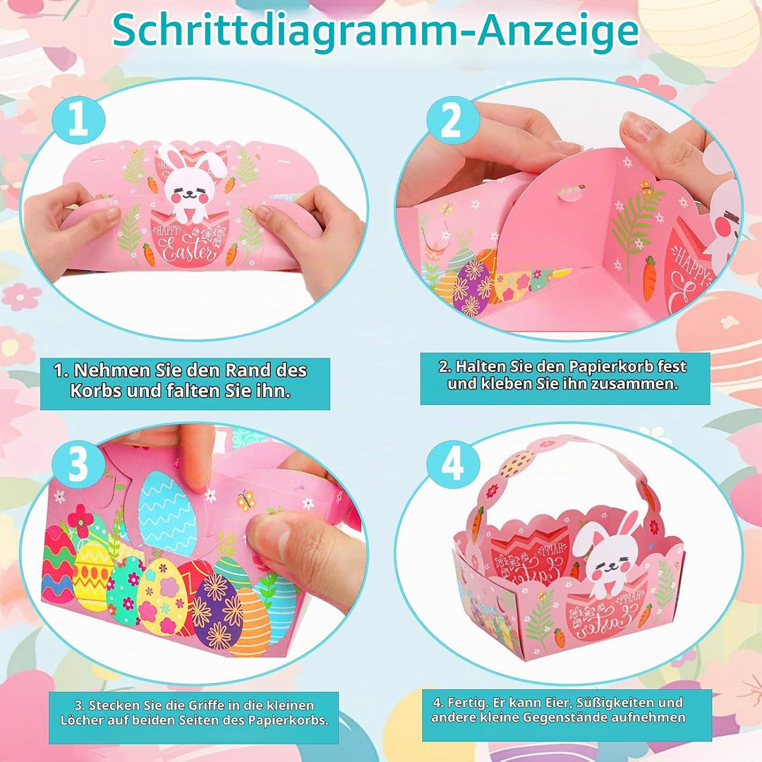 24 Stück Osterkörbchen Kinder, YILNUNFU Osterkörbchen mit Henkel–4 Designs Osterkörbchen Gefüllt aus