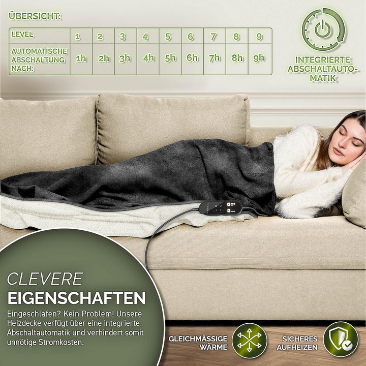 Heizdecke mit Abschaltautomatik 180 x 130 cm | Elektrische Wärmedecke mit 9 Temperaturstufen | Kusch