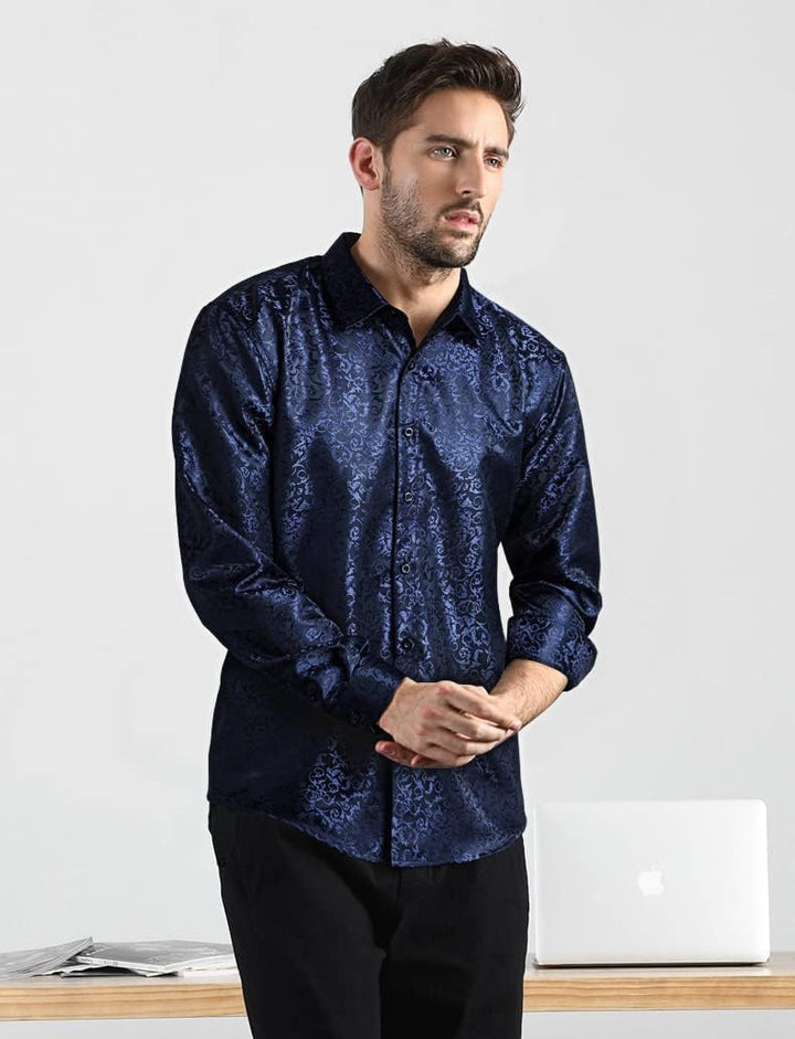 HISDERN Herren Paisley Hemd Langarm Satin Blumen Muster Hemd für Männer Jacquard Stickerei Freizeith
