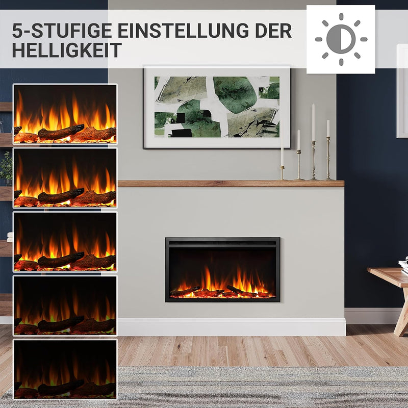 CrownFlame Atalanta 33" Elektrokamin - Elektrischer Einbaukamin mit Heizung 1000/2000 W, realistisch