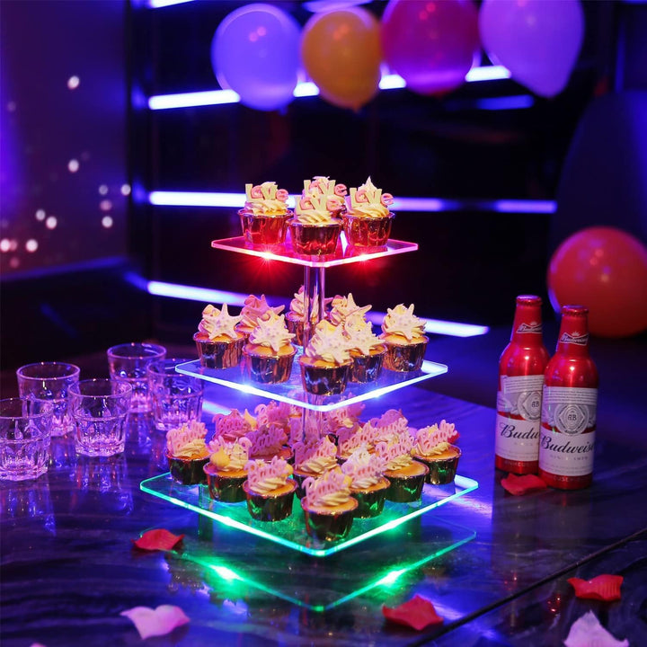 3 Etagen Cupcake Ständer, Ulifeme Wiederaufladbarer LED-Licht Quadrat Transparenter Dessert Tortenst
