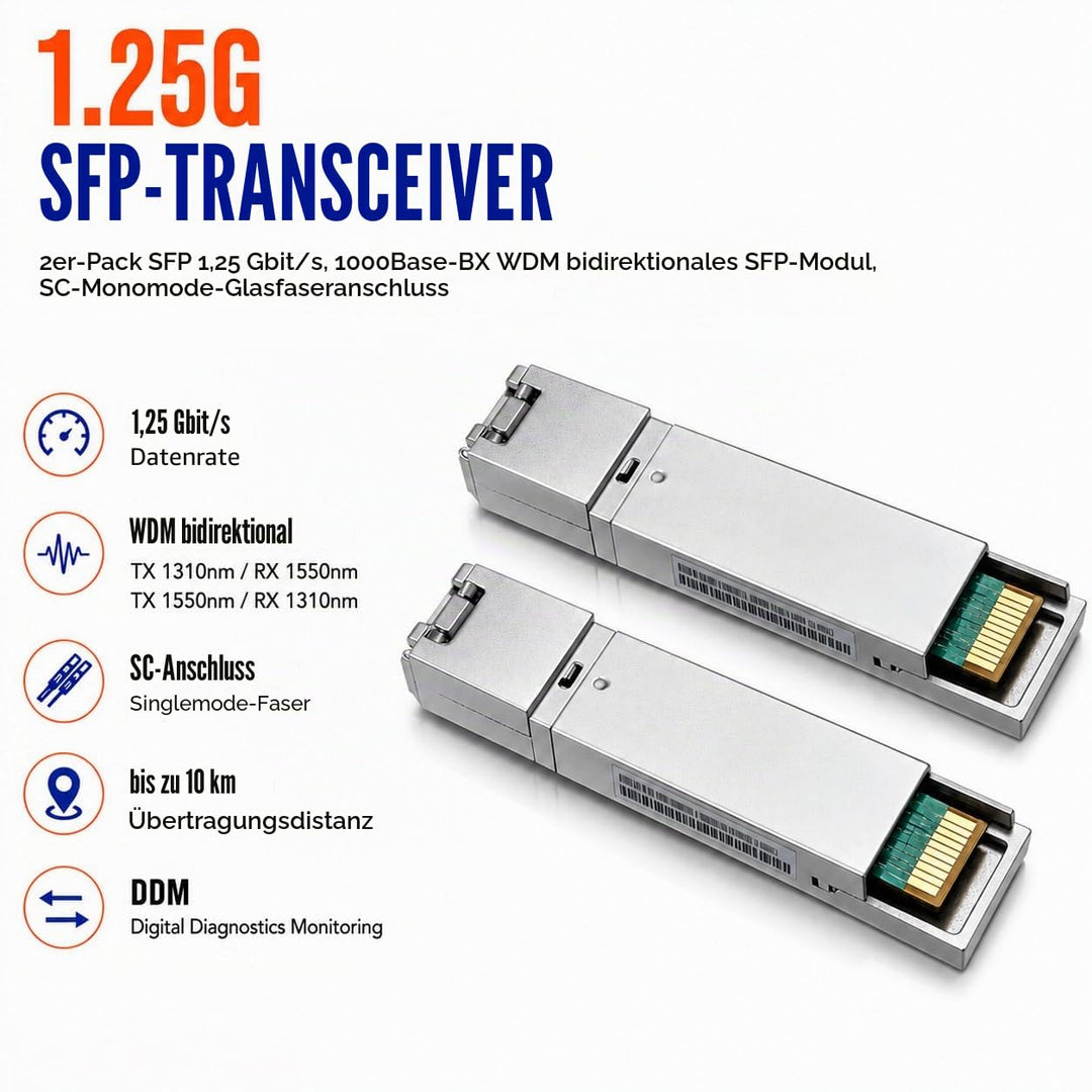 Elfcam® – 2 Stück Modul SFP 1,25G, Anschluss mit Glasfaserkabel Singlemode SC, 1000Base-BX TX 1310nm