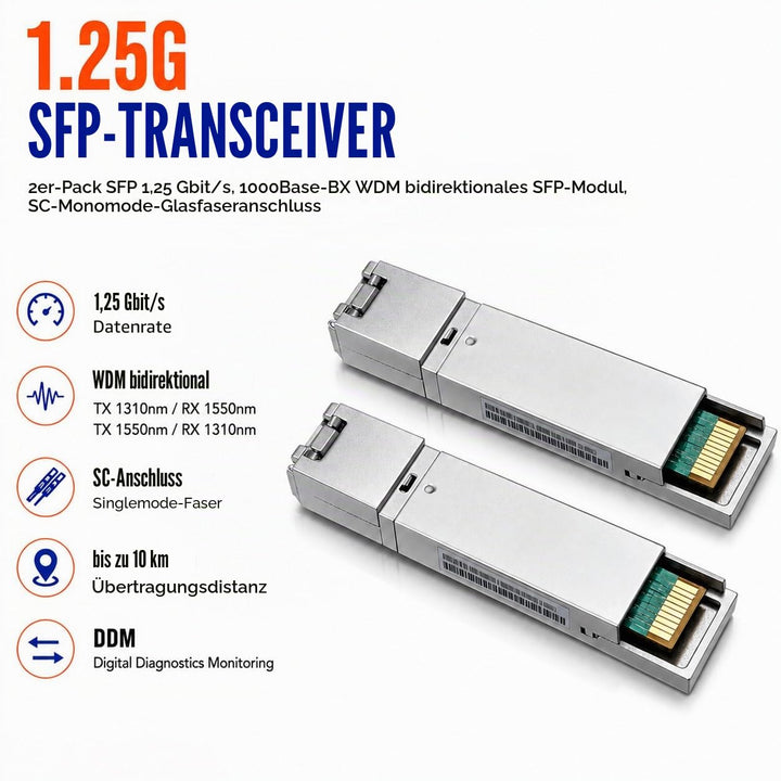 Elfcam® – 2 Stück Modul SFP 1,25G, Anschluss mit Glasfaserkabel Singlemode SC, 1000Base-BX TX 1310nm