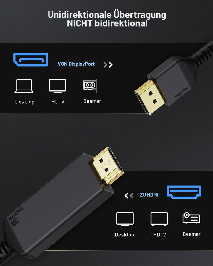 DisplayPort 1.4 auf HDMI 2.1 8K Kabel,Maxonar DP auf HDMI-Kabel 2m(6.6ft),[Aluminiumgehäuse,Nylongef