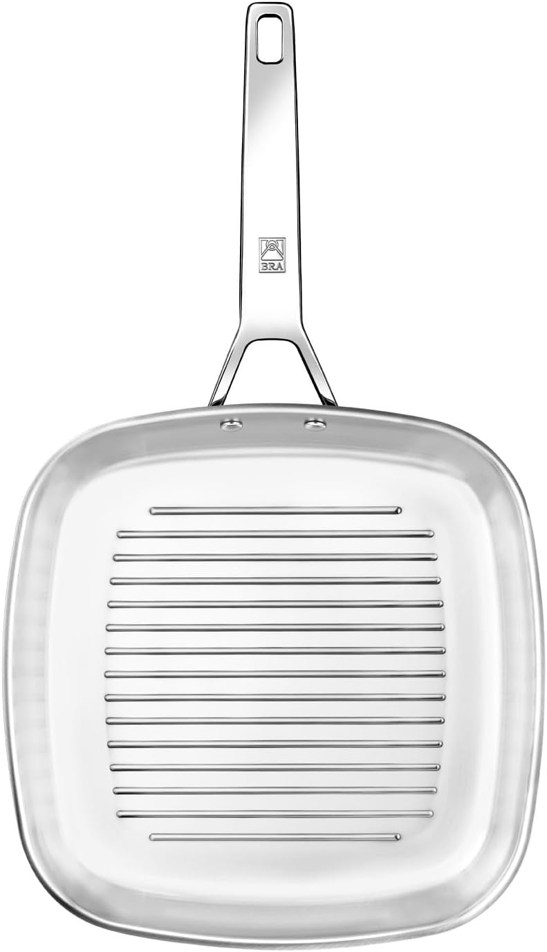 BRA Signature Grillpfanne mit Rillen, 28 cm, aus Edelstahl, ohne Antihaftbeschichtung, ergonomischer
