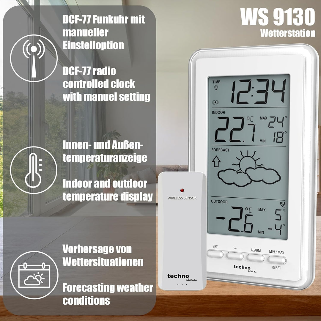 Technoline WS9130weiss Wetterstation mit Vorhersage der Wetterlage, sowie Innen- und Aussentemperatu
