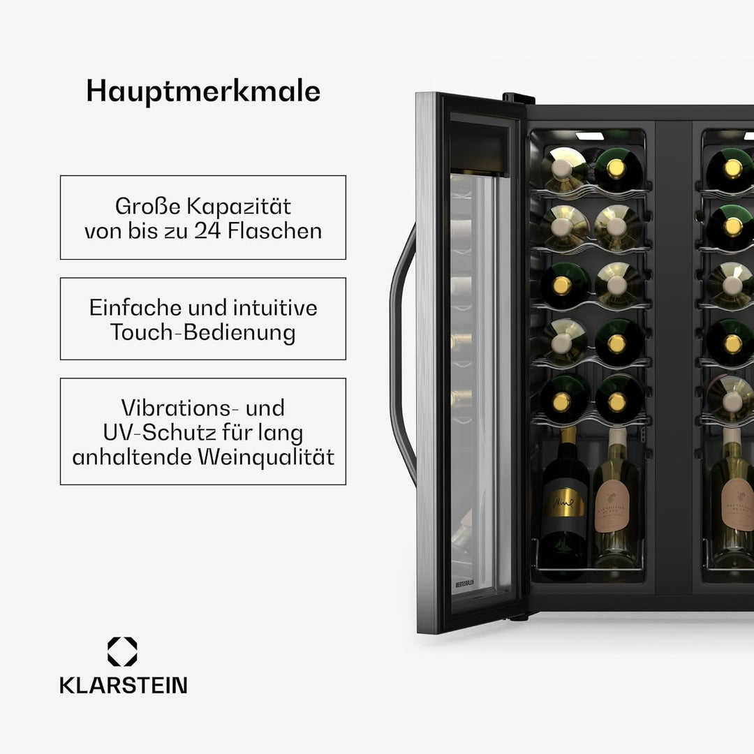 Klarstein Vinamour Weinkühlschrank 2 Zonen - 24 Flaschen, 5-18 °C, Touch-Steuerung, LED-Beleuchtung,