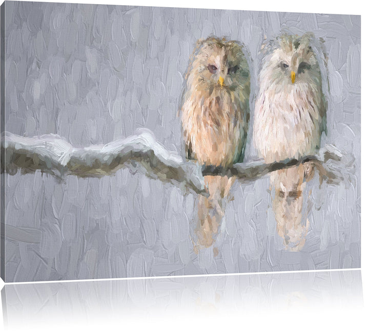 Pixxprint Zwei Eulen in Winterlandschaft Kunst Pinsel Effekt, Format: 100x70 auf Leinwand, 100x70