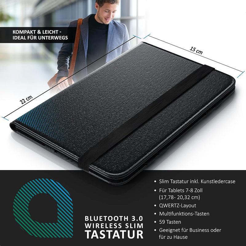 CSL - Bluetooth Slim Tastatur für Tablets 7-8 Zoll inkl. Kunstledercase - Wireless Keyboard im Slim