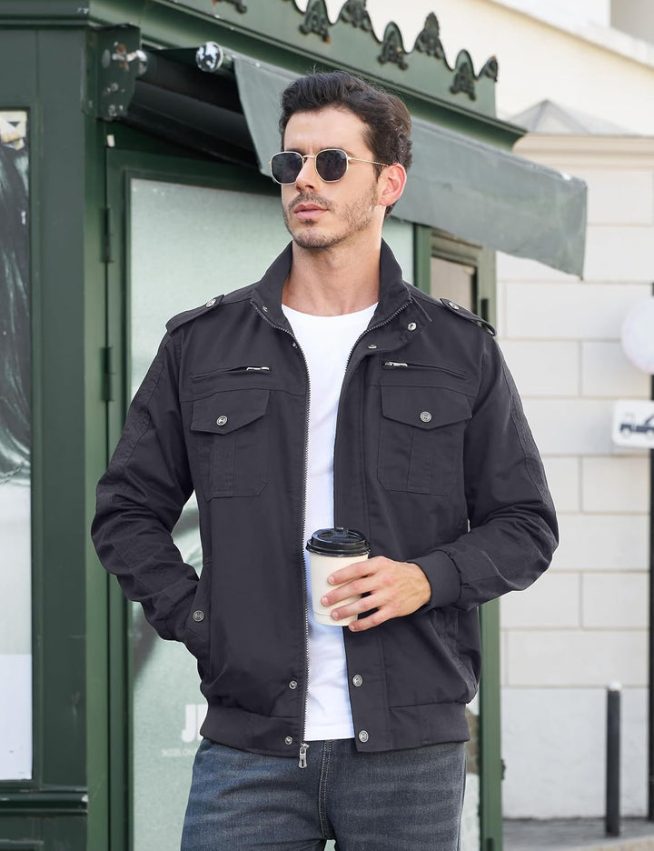 EKLENTSON Herren Übergangsjacke Frühling Cargo Jacke Freizeitjacke mit Vielen Taschen XL Grau, XL Gr