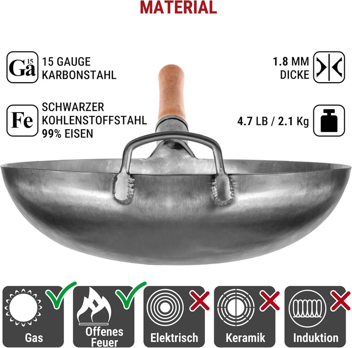 YOSUKATA Karbonstahl Woks & Wokpfannen - 36 cm Handgehämmerter Wok Pfanne Carbonstahl Runder Boden -