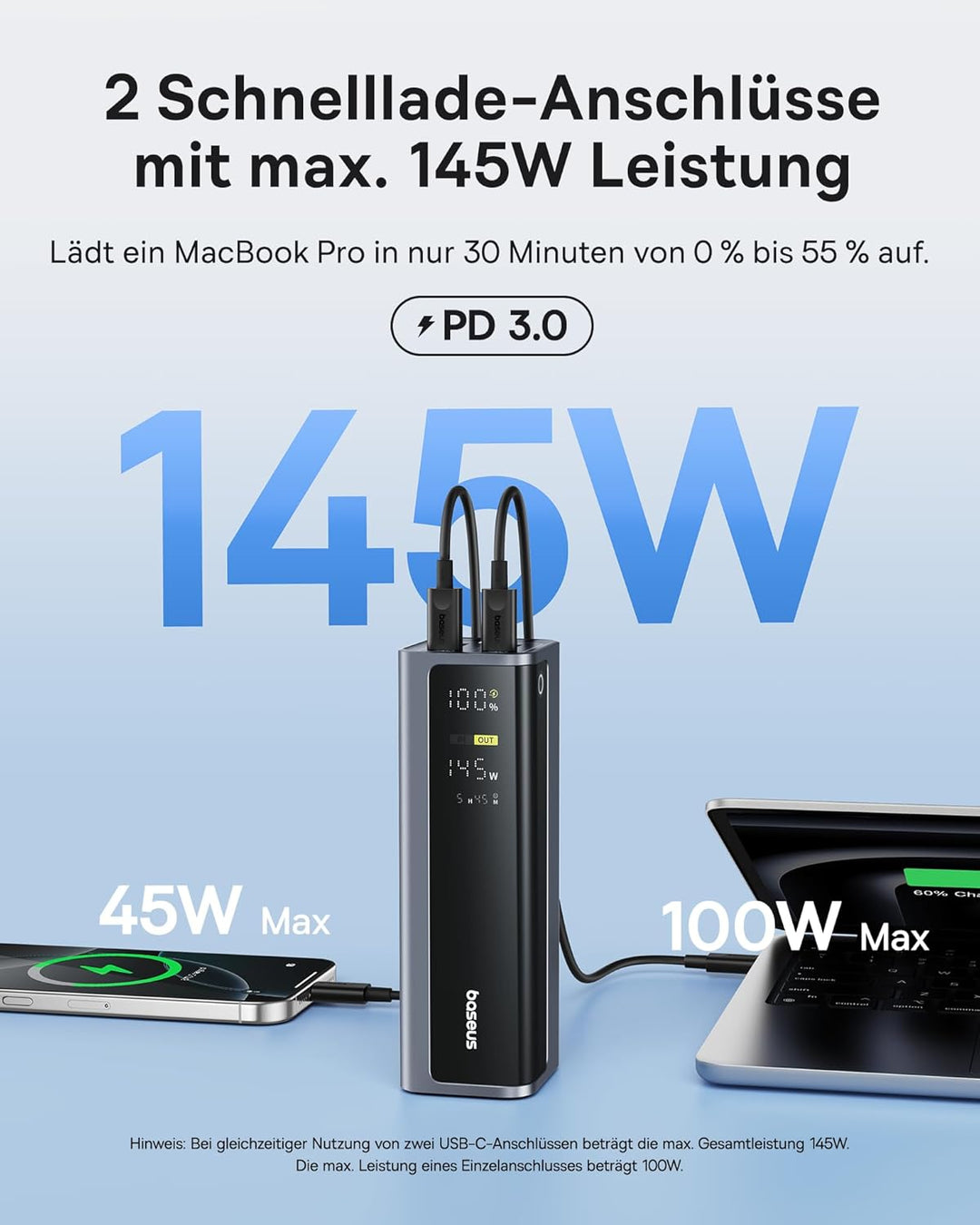 Baseus EnerGeek 145W 20800mAh Laptop Powerbank, Externer Akku mit 2X USB-C PD 3.0 100W Max Schnellla