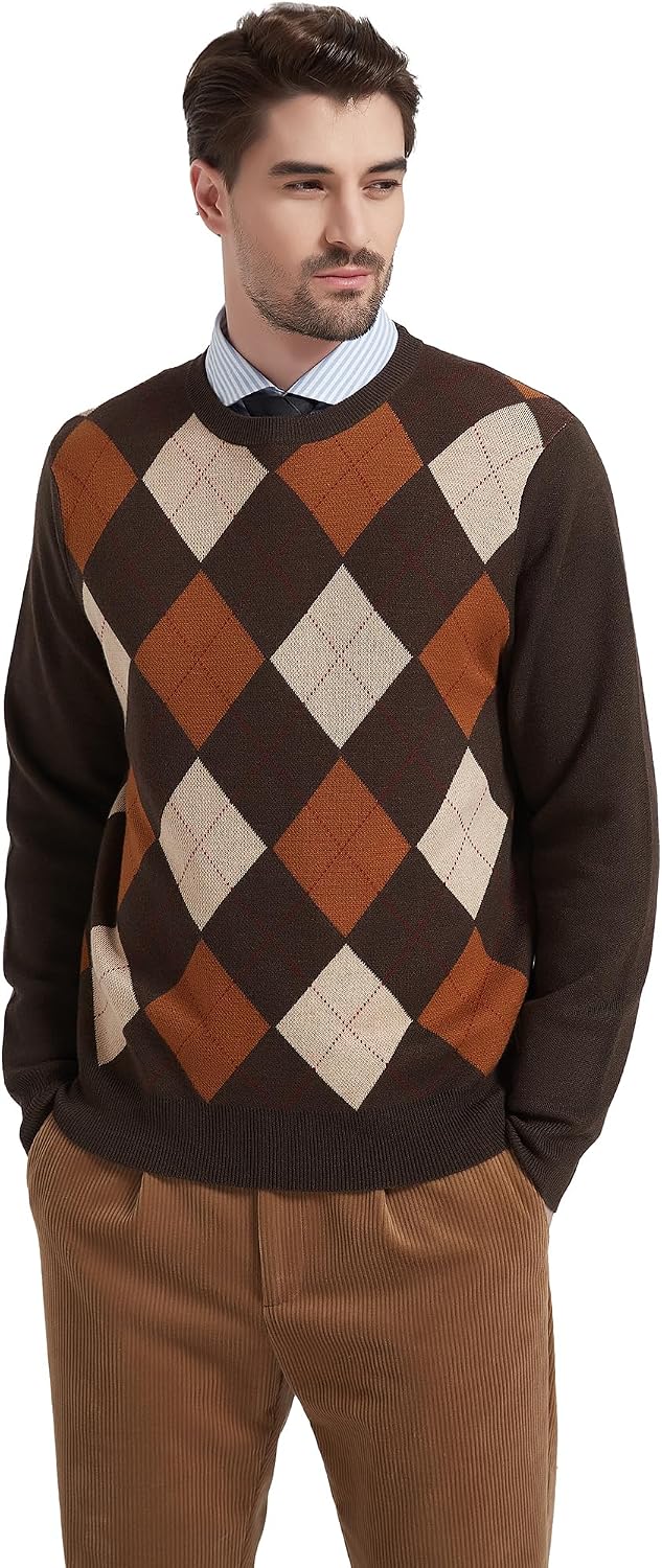 Kallspin Herren Wollmischung Strickpullover Argyle Rundhalsausschnitt Pullover Sweater XXL Braun, XX