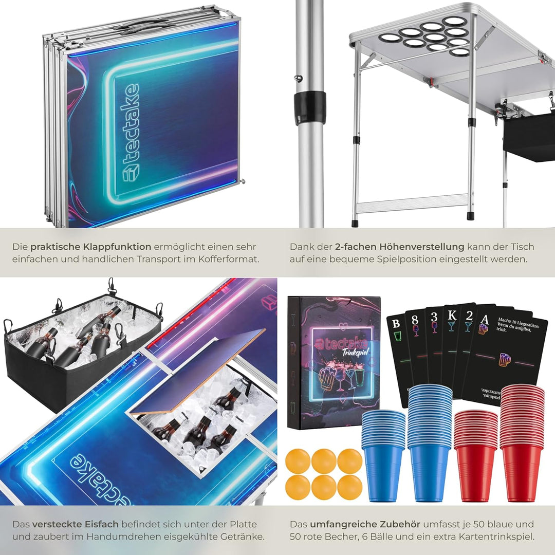 tectake® Bierpong Tisch mit Eiskühler und mit Party Deko LED Beleuchtung, Tisch höhenverstellbar, Kl