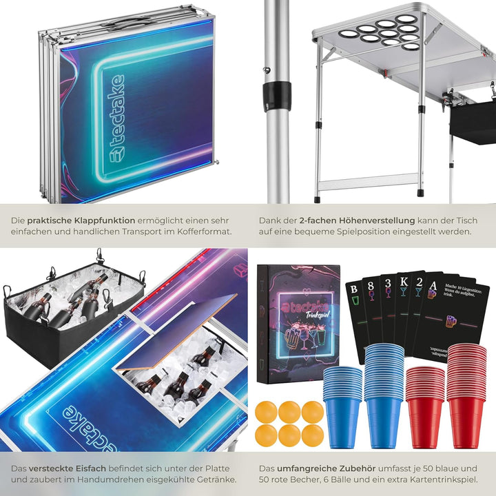 tectake® Bierpong Tisch mit Eiskühler und mit Party Deko LED Beleuchtung, Tisch höhenverstellbar, Kl