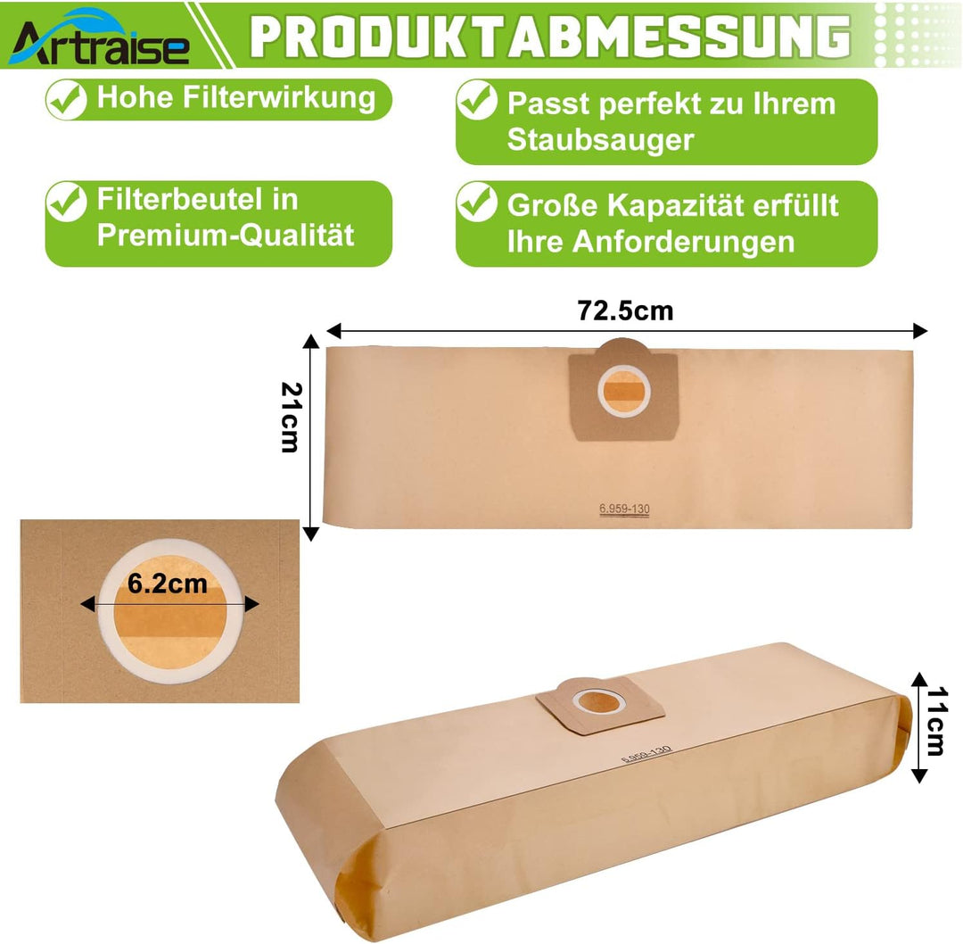 Artraise Wd3 Beutel für Kärcher Staubsauger 6.959-130.0, 8 Stück Premium Staubsaugerbeutel Papierfil