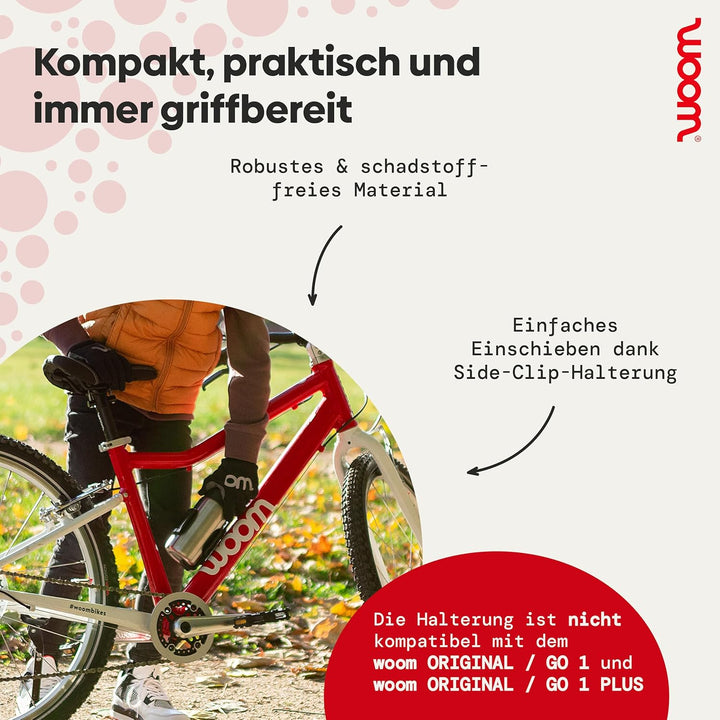woom GLUG Edelstahlflasche mit Flaschenhalter, Trinkflasche für Kinder, Fahrradflasche, 500 ml, Ausl