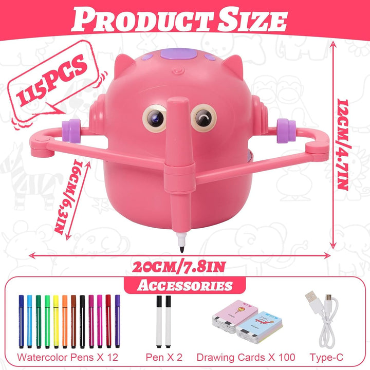Malroboter für Kinder, Zeichenroboter Kinder mit Sprachanleitung, 100 Karten & 14 Stift, Mal-Roboter