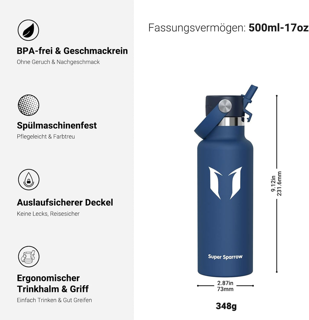 Super Sparrow Trinkflasche Edelstahl - Thermobecher - 350ml, 500ml, 750ml, 1L, 1.2L - FlipFlow Trink
