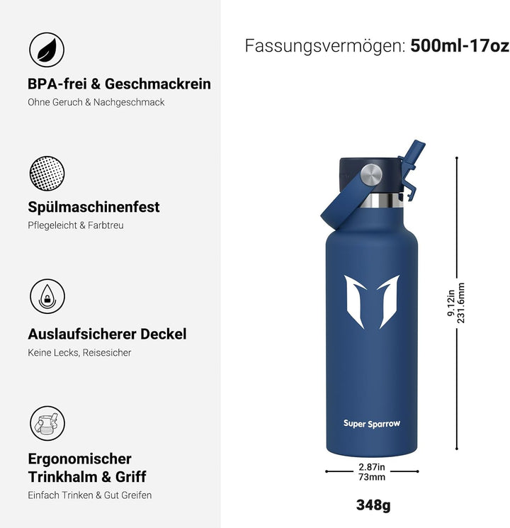 Super Sparrow Trinkflasche Edelstahl - Thermobecher - 350ml, 500ml, 750ml, 1L, 1.2L - FlipFlow Trink
