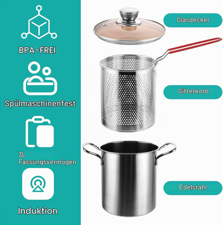 APACALI 1 Stück Spargeltopf, Spaghettitfopf mit Siebeinsatz, 3L Nudeltopf, 16cm Pastatop, Topf zum K