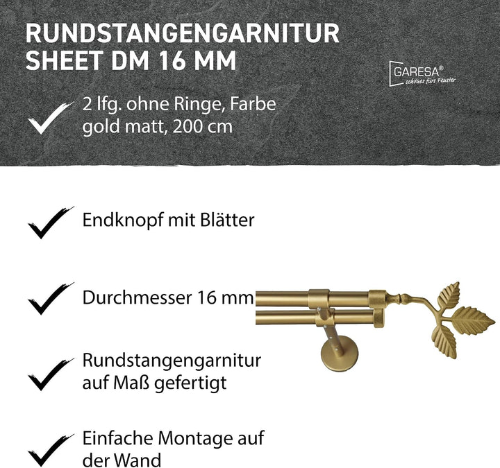 Garesa Gardinenstange Sheet Ø 16mm, 2-läufig, Gold, matt I Stabile Vorhangstange ohne Ringe I Mit En