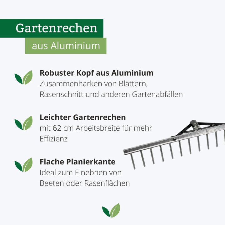 Rekord Aluminium Rechen leicht mit 16 Zinken Breite 62 cm - ohne Stiel, Rechen, Gartenrechen, Laubre