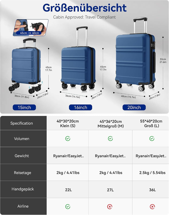 KONO Koffer Trolley Reisekoffer aus ABS+PC – Leichter Hartschalenkoffer mit 4 Zwillingsrollen und TS