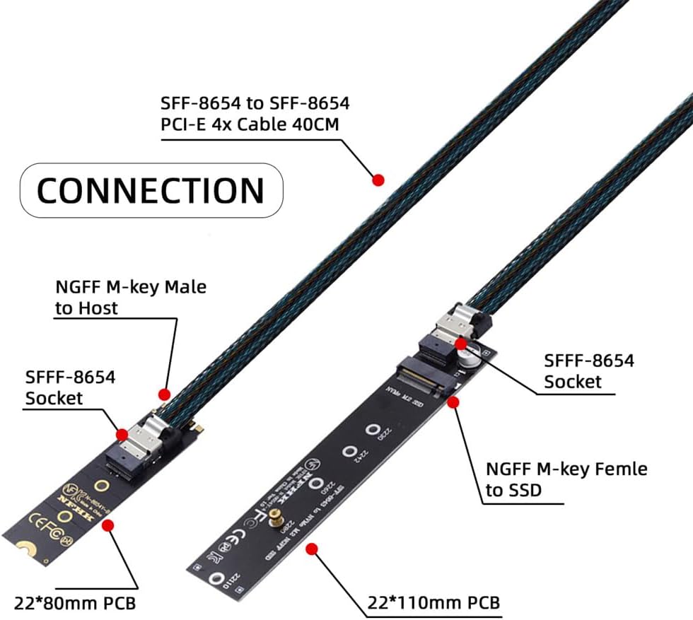 Xiwai NGFF M-Key NVME Stecker zu Buchse Verlängerungskabel 40cm mit SFF-8654 Stecker für Mainboard S