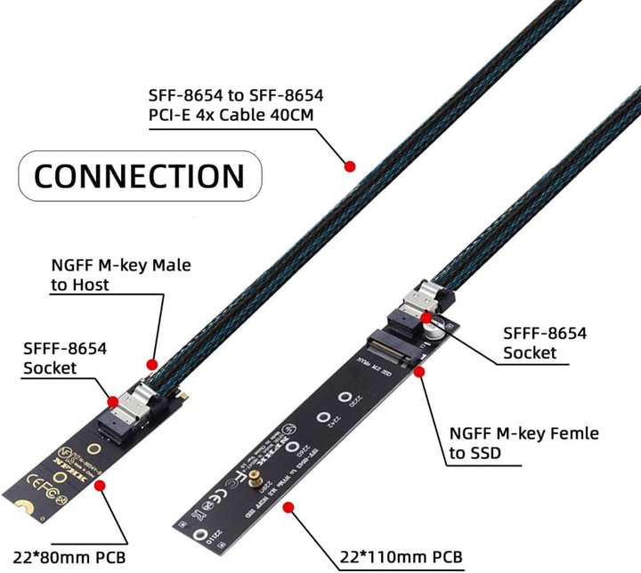 Xiwai NGFF M-Key NVME Stecker zu Buchse Verlängerungskabel 40cm mit SFF-8654 Stecker für Mainboard S