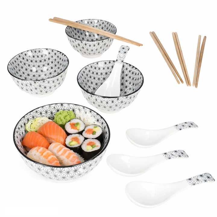 MamboCat Sushi Set für 4 Personen I asiatisches Geschirr Set aus Keramik &amp; Bambus I schwarz weiss I