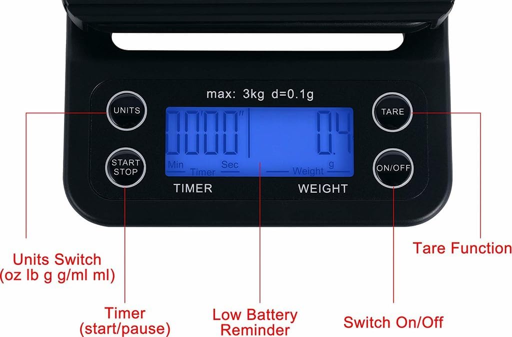 INF Digitale Küchenwaage, Kaffeewaage, Digitalwaage, 3 kg, hohe Präzision (0.1 g), LCD-Display, schw