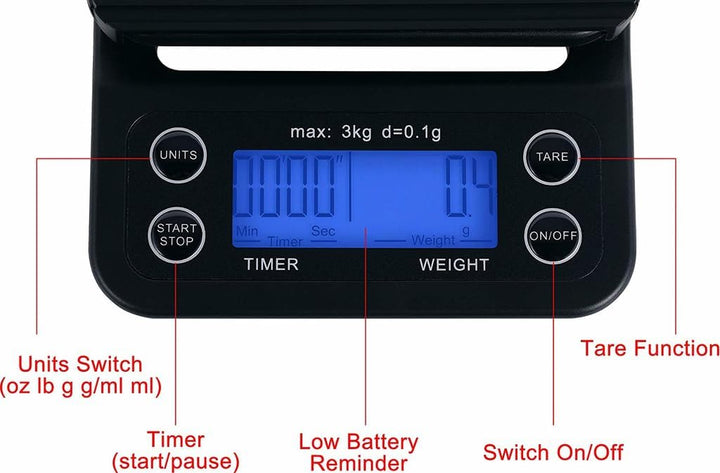 INF Digitale Küchenwaage, Kaffeewaage, Digitalwaage, 3 kg, hohe Präzision (0.1 g), LCD-Display, schw