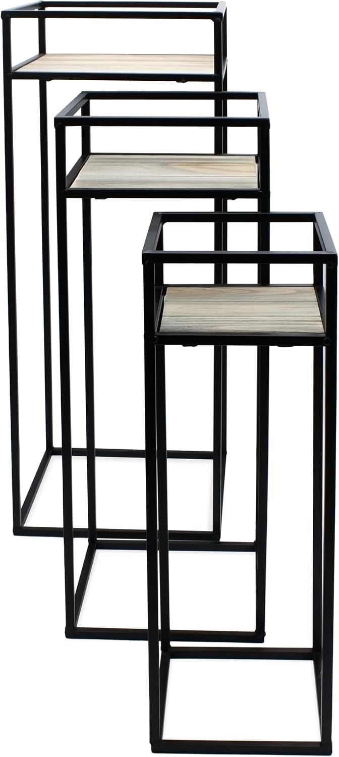 Spetebo Metall Blumenhocker schwarz 3er Set - 70 / 60 / 50 cm - Pflanzenständer mit Holzplatte - Dek