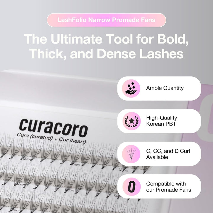 Curacoro LashFolio Schmale Promade Lüfter 12D-0.03 D Curl, 8-11 mm | Handgefertigte Volumenwimpern,