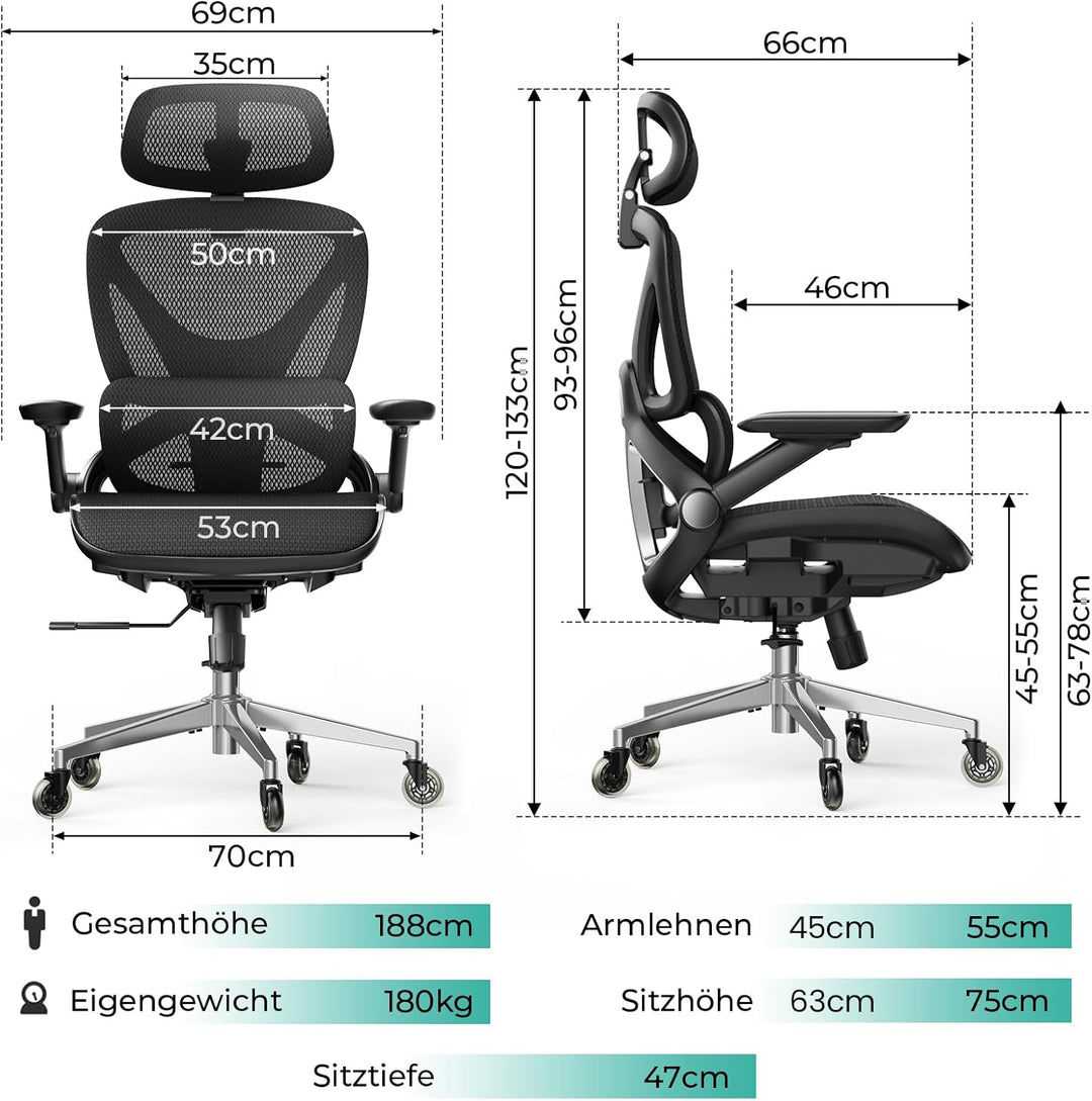 CAPOT Ergonomischer Bürostuhl aus Netzstoff, Verstellbarer Schreibtischstuhl mit hoher Rückenlehne,