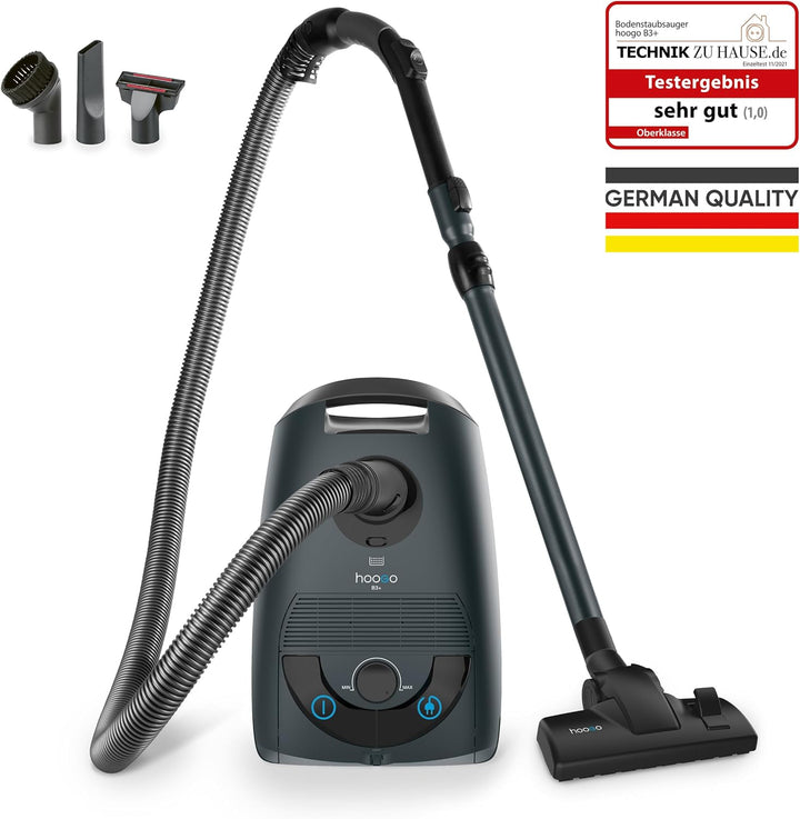 hoogo B3+ anthrazit Staubsauger mit Beutel | Starke 850 W Saugleistung | HEPA 14 Filter | 11m Radius