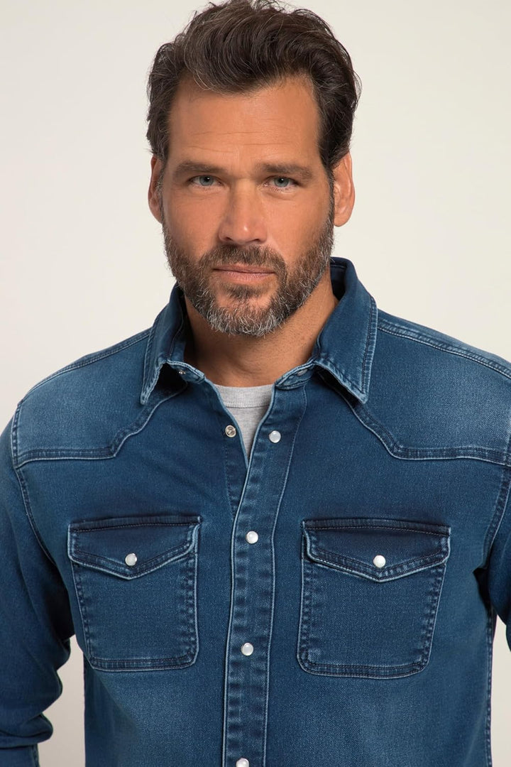 JP 1880 Herren grosse Grössen Übergrössen Menswear L-8XL Jeanshemd, FLEXNAMIC®, Denim, Langarm, Kent