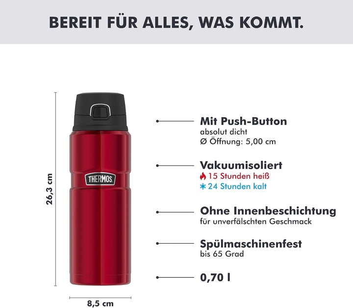 THERMOS STAINLESS KING BOTTLE 0,70 l, cranberry red, Thermosflasche aus Edelstahl mit Safe Flow Lid,