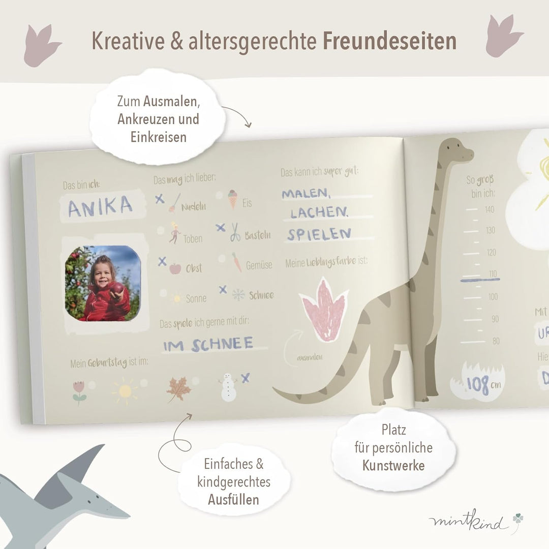 mintkind® „Meine Freunde“ Freundebuch Dino | für Junge und Mädchen | Freundschaftsbuch Kindergarten,