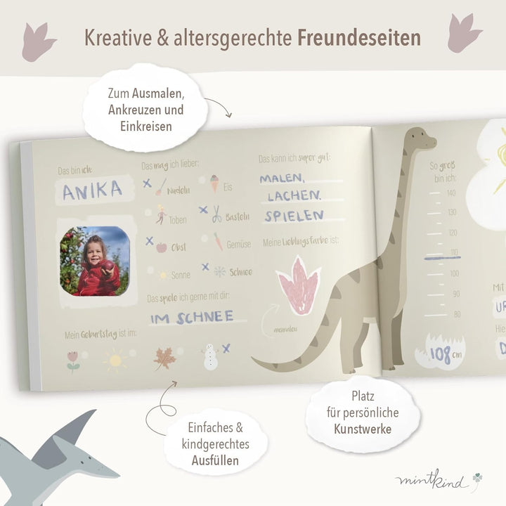 mintkind® „Meine Freunde“ Freundebuch Dino | für Junge und Mädchen | Freundschaftsbuch Kindergarten,