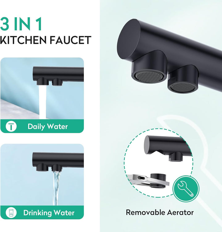 CREA 3 Wege Wasserhahn Küche, 360° Drehbar Küchenarmatur, 3 in 1 Mischbatterie für Wasserfilter Osmo