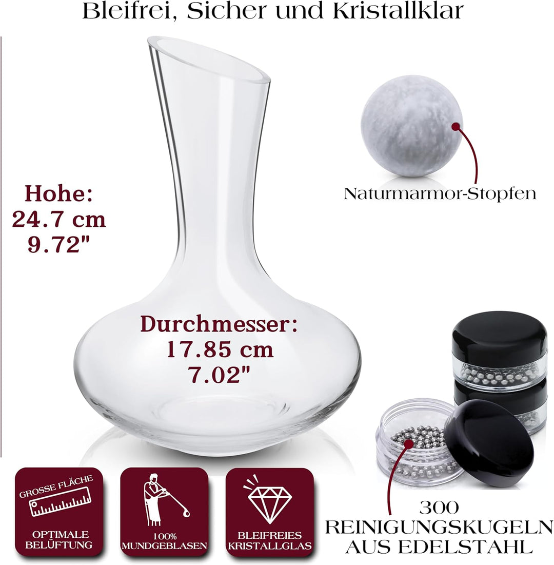 Gusto Nostro Kristall Weindekanter mit Marmorstöpsel – Mundgeblasene, bleifreie Glaskaraffe für Rotw