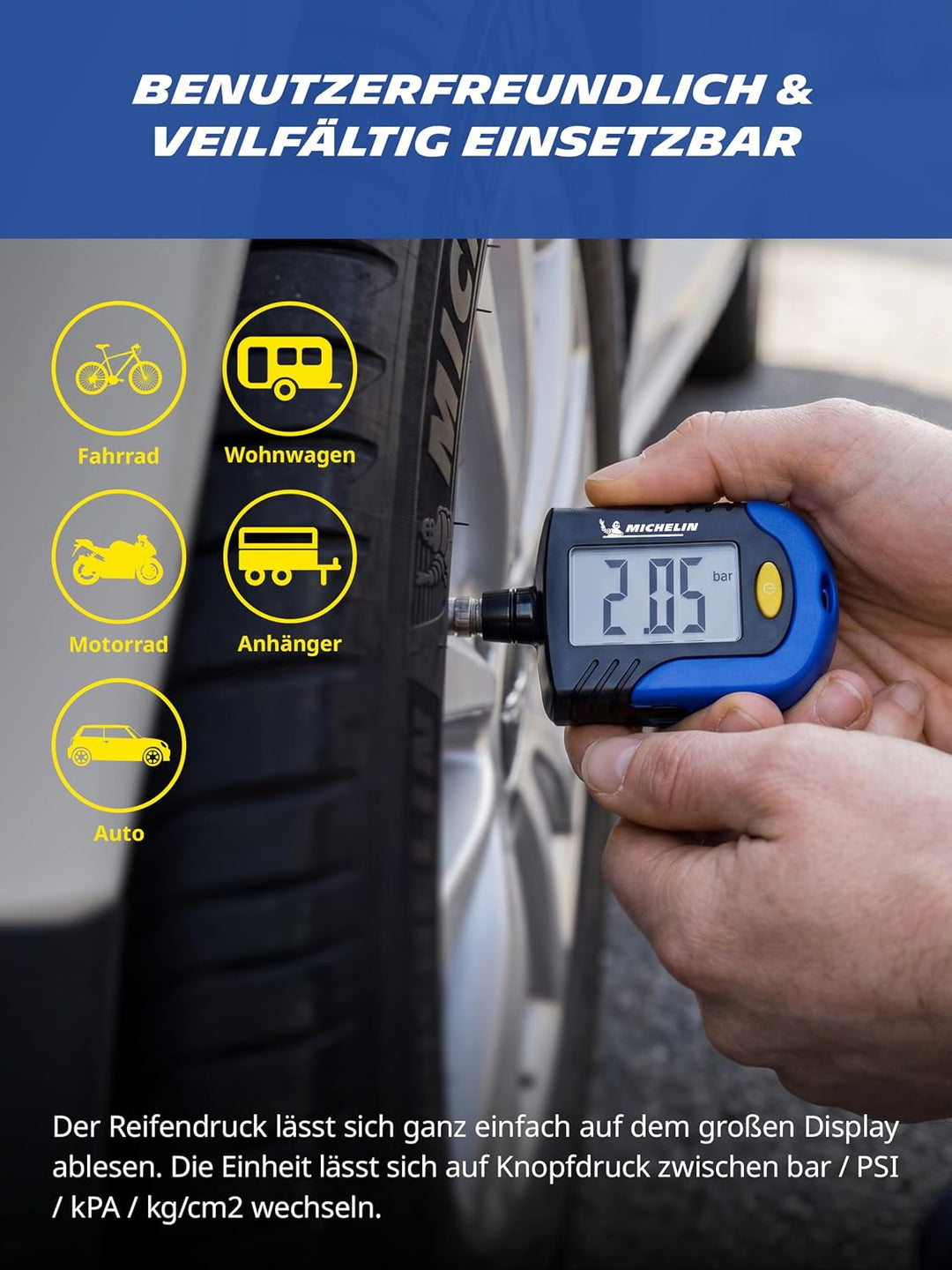 MICHELIN 9526 Reifendruck Prüfer Digitaler Luftdruckprüfer Reifen Manometer mit Profiltiefenmesser R