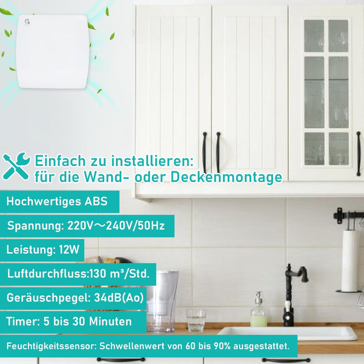 Badlüfter 100mm mit Feuchtigkeitssensor und Rückstauklappe timer, Bad Lüfter Badezimmerlüfter Abluft