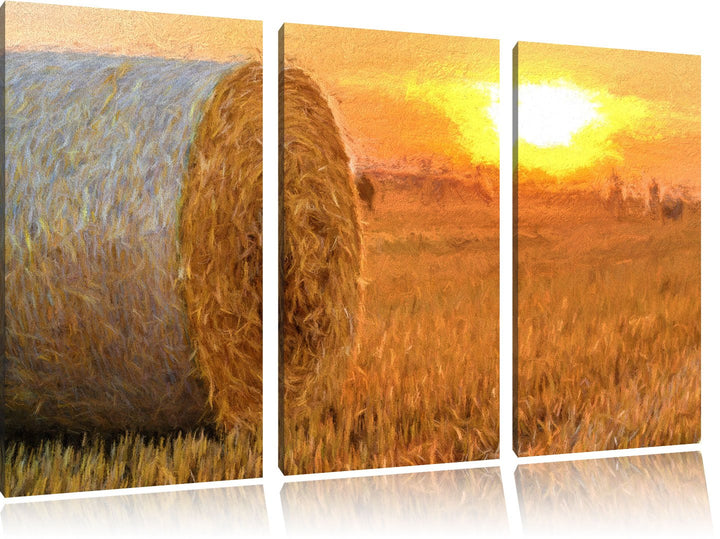 Pixxprint Strohballen auf Feld als Leinwandbild/Grösse: 3 Teilig (120x80 cm) cm/Wandbild/Kunstdruck/