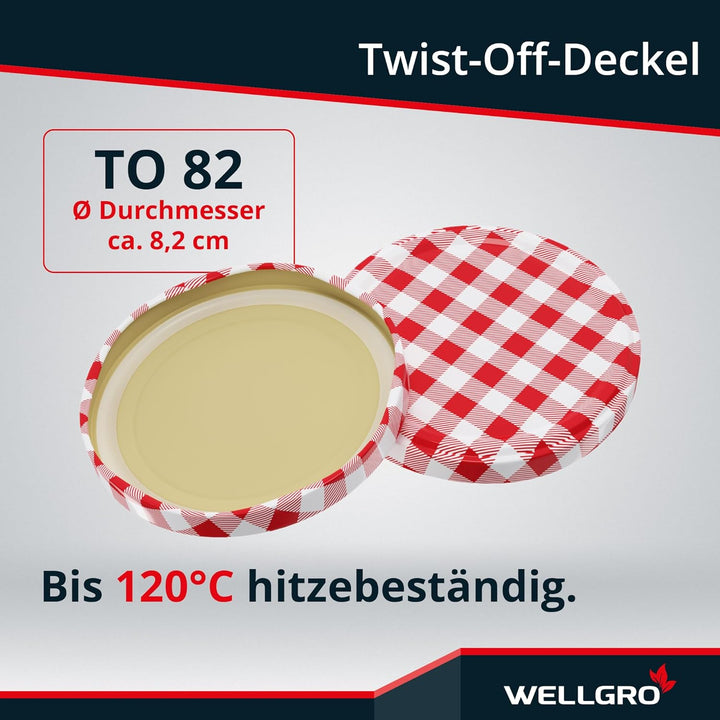 WELLGRO 12x Einmachgläser mit Schraubdeckel - 550ml - Deckel rot kariert To 82 - Made in Germany - V