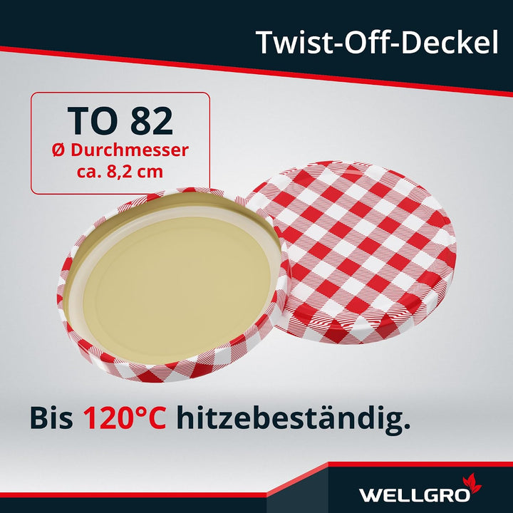 WELLGRO 25x Einmachgläser mit Schraubdeckel - 235ml - Deckel To 82 rot kariert - Made in Germany - V