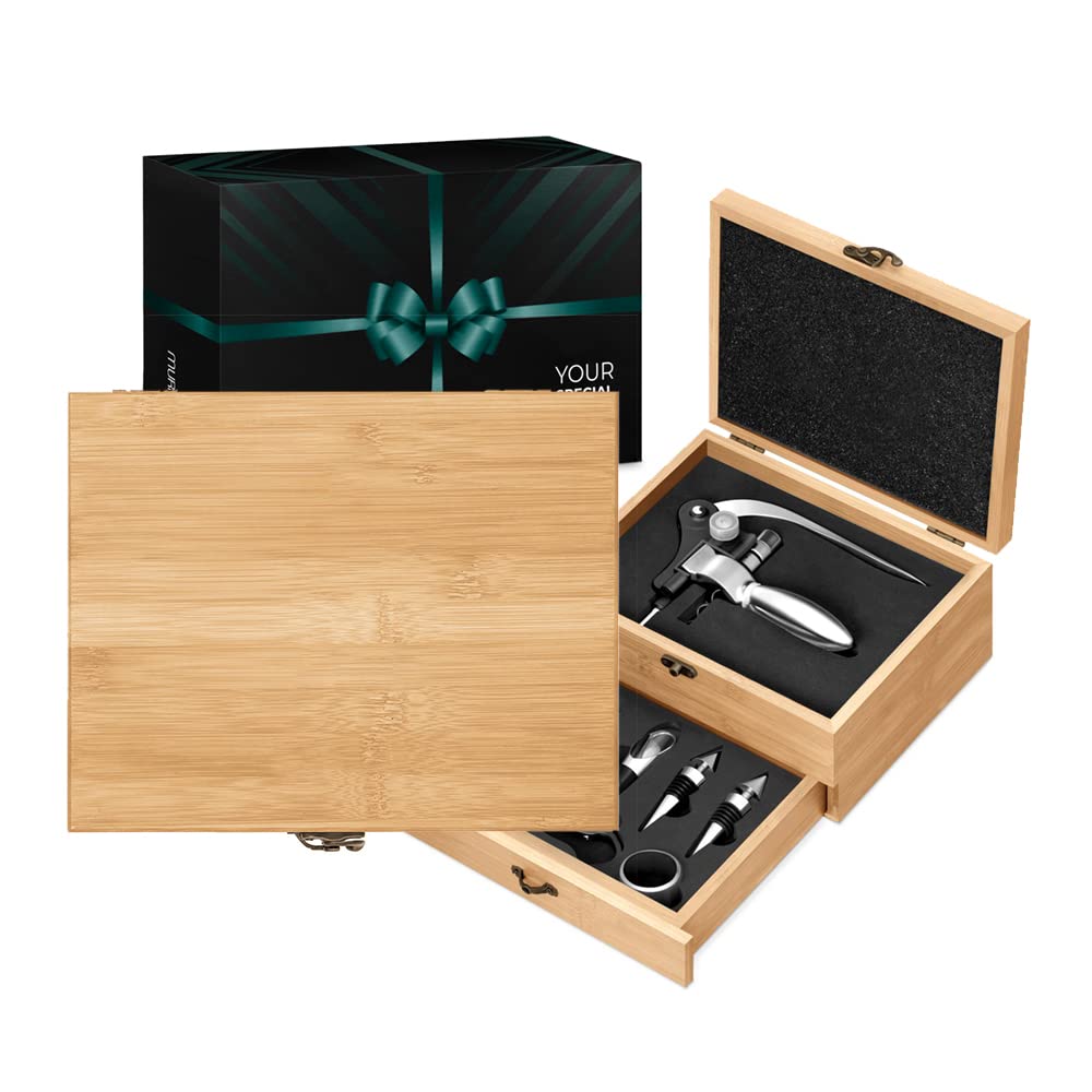Maverton Weinöffner-Set Weinset Sommelier Set - Geschenkbox Holzbox + 8er Weinzubehörset - aus Bambu
